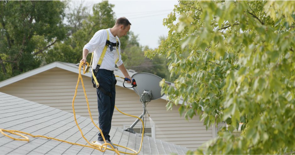 Triple J applicator in a safety harness treating a roof